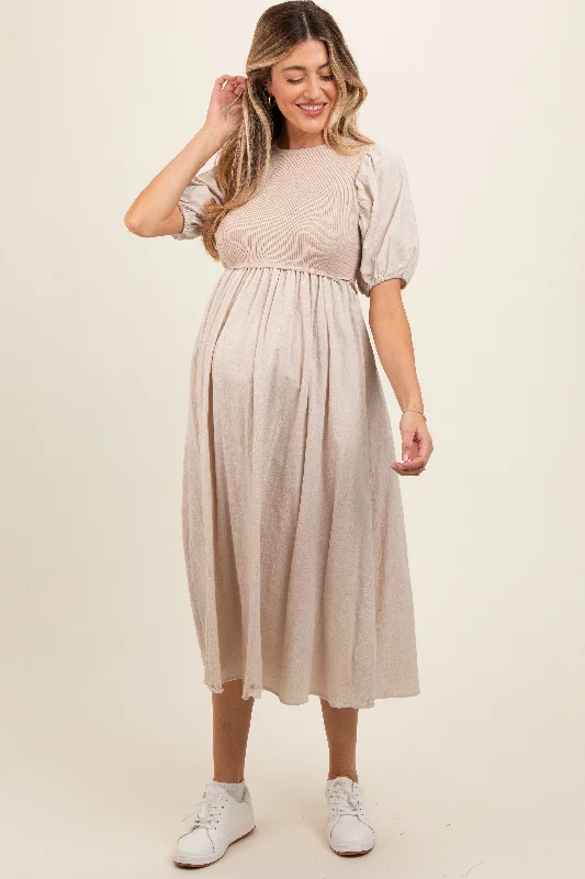 Beige Ribbed Bodice Puff Sleeve Maternity Midi Dress