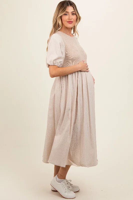 Beige Ribbed Bodice Puff Sleeve Maternity Midi Dress