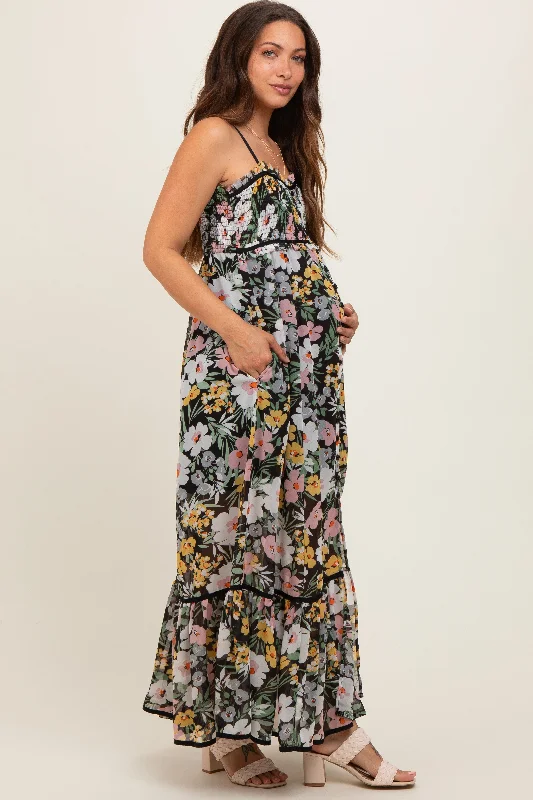 Black Floral Smocked Button Accent Maternity Maxi Dress