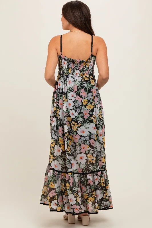 Black Floral Smocked Button Accent Maternity Maxi Dress