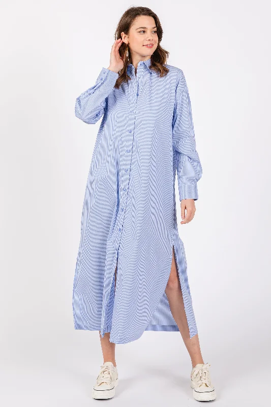 Blue Pinstriped Button Front Side Slit Maternity Midi Shirt Dress