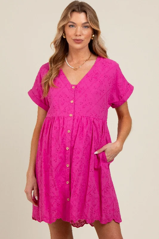 Fuchsia Eyelet Button Front Short Sleeve Maternity Dress