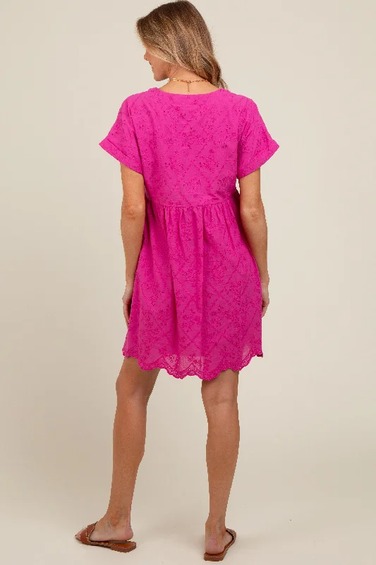 Fuchsia Eyelet Button Front Short Sleeve Maternity Dress