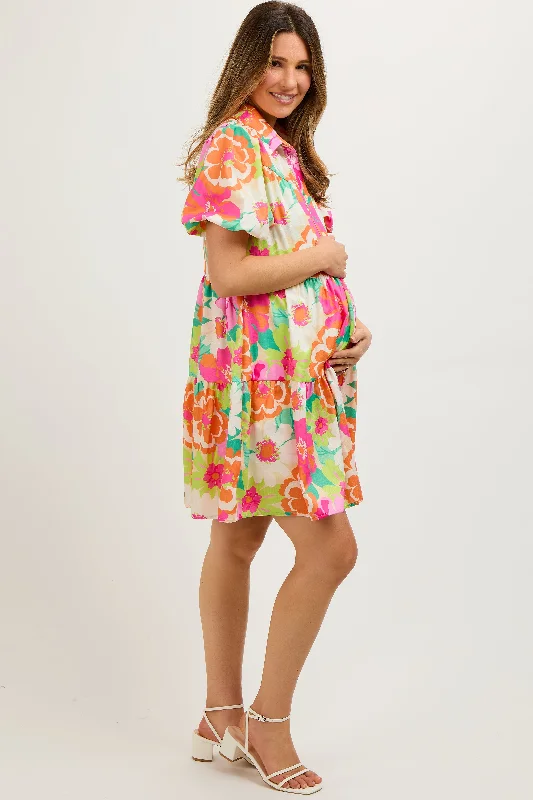 Fuchsia Floral Collared Button Up Tiered Maternity Dress