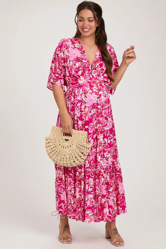 Fuchsia Floral Dolman Sleeve Tiered Maternity Maxi Dress