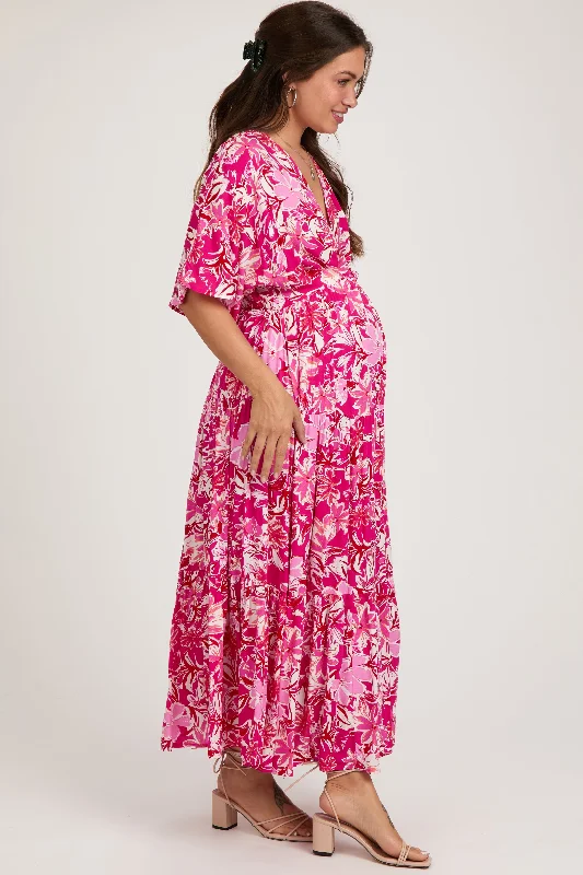 Fuchsia Floral Dolman Sleeve Tiered Maternity Maxi Dress