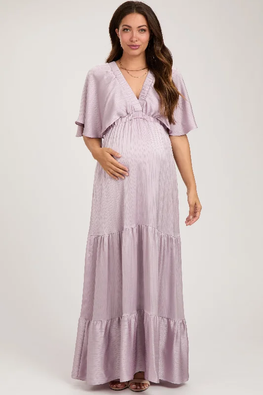 Lavender V-Neck Flutter Sleeve Tiered Maternity Maxi Dress