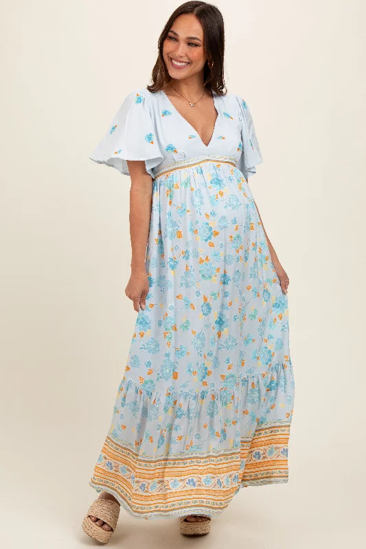 Light Blue Floral Flounce Sleeve Maternity Maxi Dress