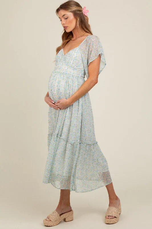 Light Blue Floral Flounce Sleeve Maternity Midi Dress