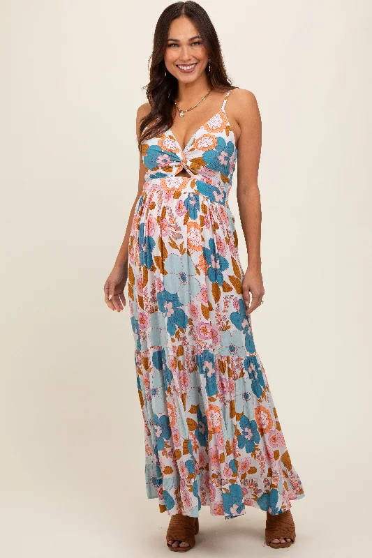 Light Blue Floral Sleeveless Maternity Maxi Dress