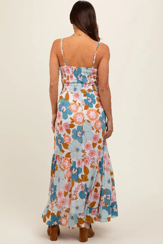 Light Blue Floral Sleeveless Maternity Maxi Dress