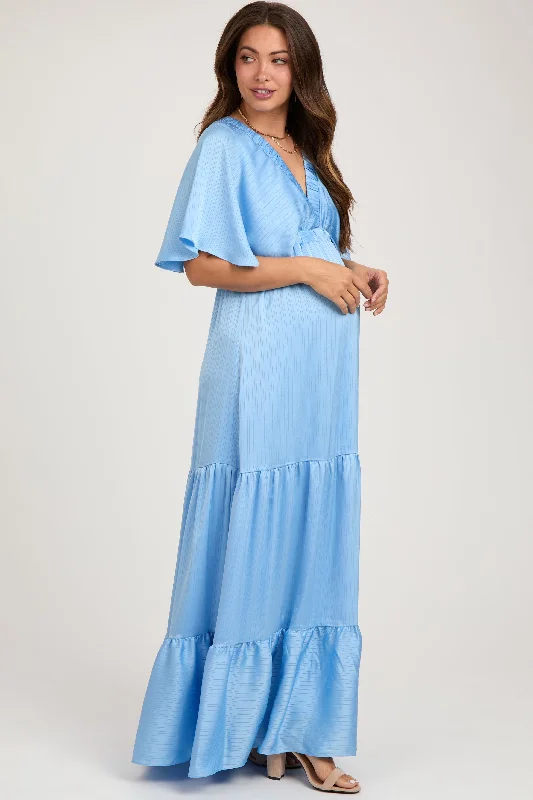 Light Blue V-Neck Flutter Sleeve Tiered Maternity Maxi Dress