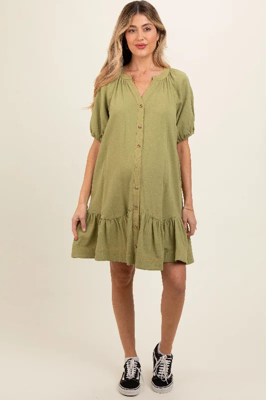 Light Olive Button Front Short Puff Sleeve Maternity Dress