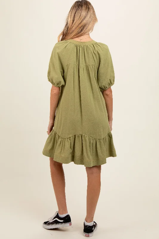 Light Olive Button Front Short Puff Sleeve Maternity Dress