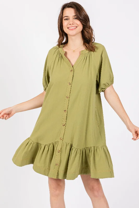 Light Olive Button Front Short Puff Sleeve Maternity Dress