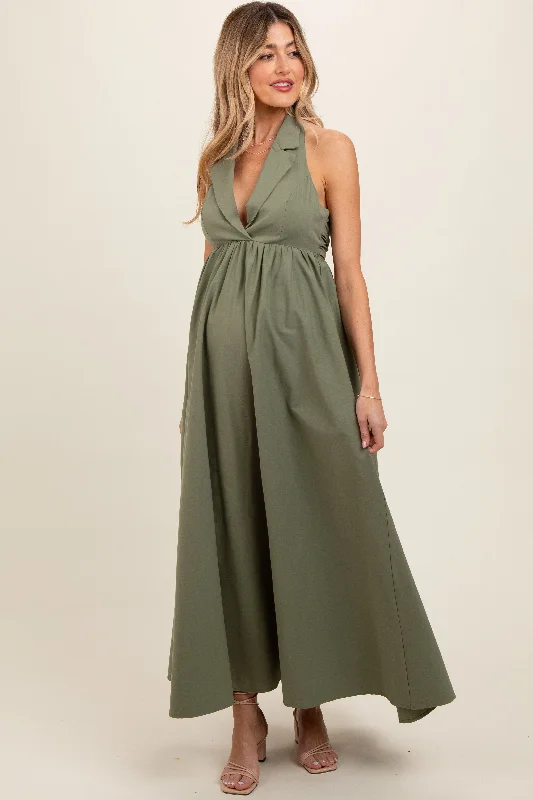 Light Olive Collared Halter Back Tie Maternity Maxi Dress