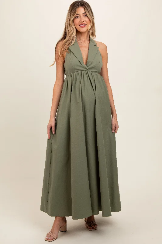 Light Olive Collared Halter Back Tie Maternity Maxi Dress