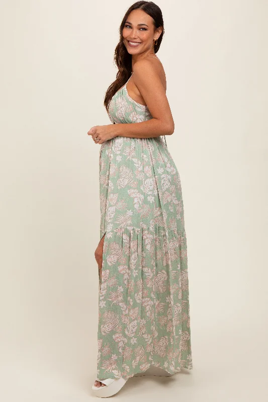 Light Olive Foral Front Cutout Open Cross Back Maternity Maxi Dress