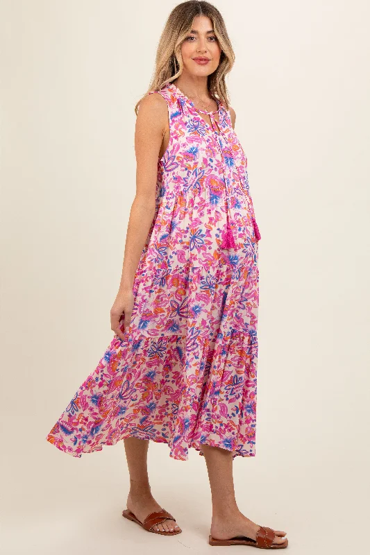 Magenta Floral Ruffle Mock Neck Tiered Sleeveless Maternity Midi Dress