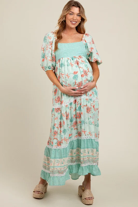 Mint Green Floral Gingham Lace Up Back Maternity Maxi Dress