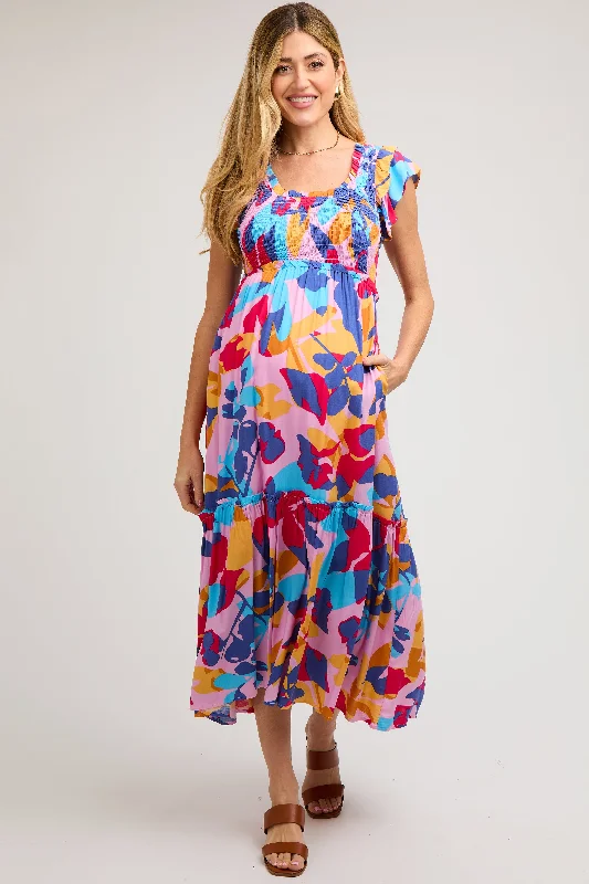 Multi-Color Smocked Ruffle Maternity Midi Dress