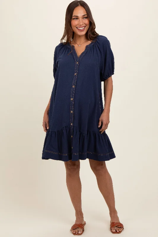 Navy Blue Button Front Short Puff Sleeve Maternity Dress