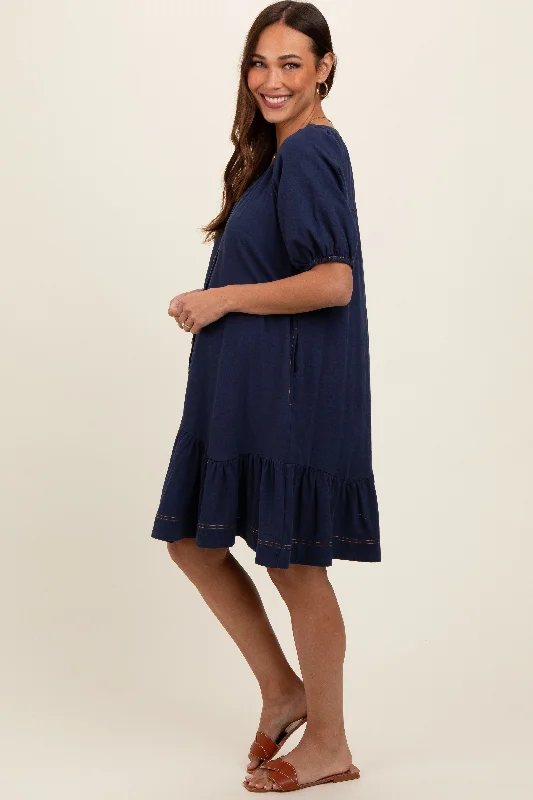 Navy Blue Button Front Short Puff Sleeve Maternity Dress