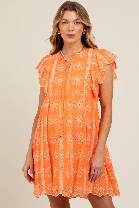 Orange Embroidered Flutter Sleeve Maternity Dress