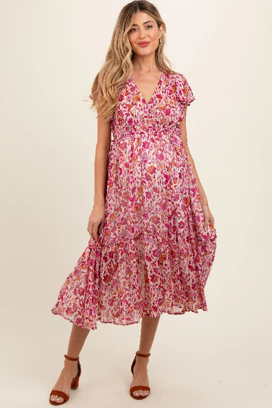 Pink Floral Chiffon Flutter Sleeve Ruffle Hem Maternity Midi Dress