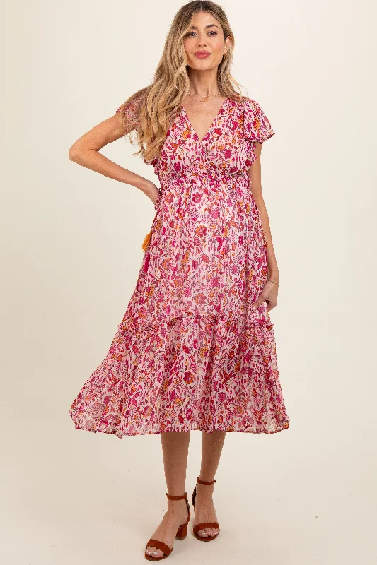 Pink Floral Chiffon Flutter Sleeve Ruffle Hem Maternity Midi Dress