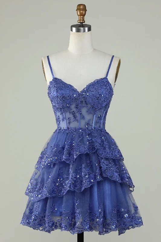 Spaghetti Straps Dark Blue Sparkly Corset Party Dress