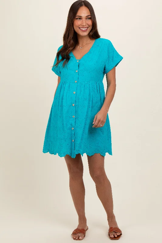 Turquoise Eyelet Button Front Short Sleeve Maternity Dress