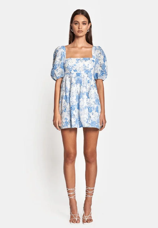 Aerin Open Back Tie  Mini Dress - Sky Blue Floral