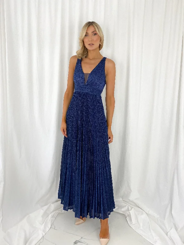 Joely Pleated Maxi Glitter Dress - Navy